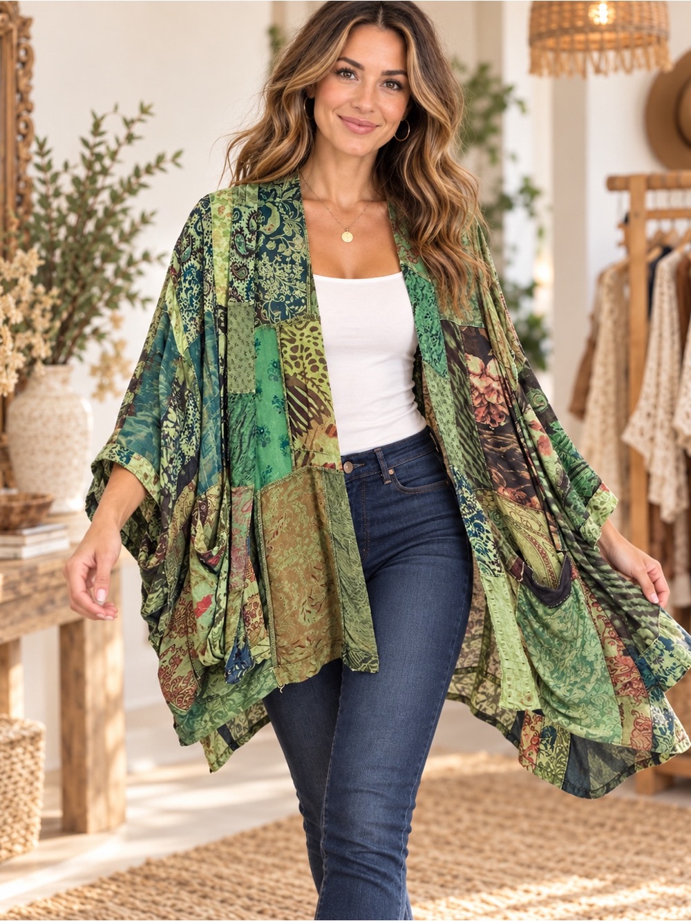 🌿 Young Threads Boho Green Patchwork Kimono NWOT 🌿